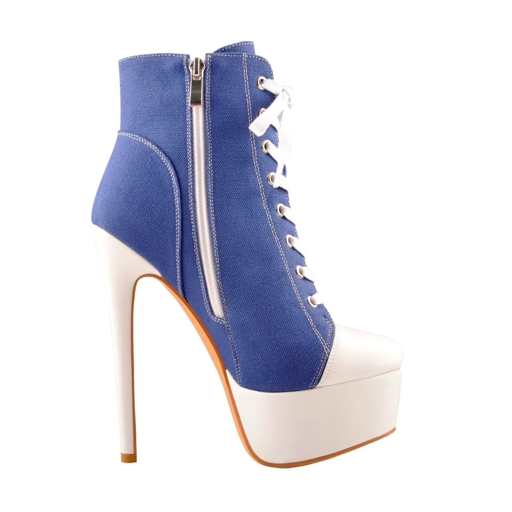 Platform Canvas Ankle Booties 16CM High Heel Lace Up Pump