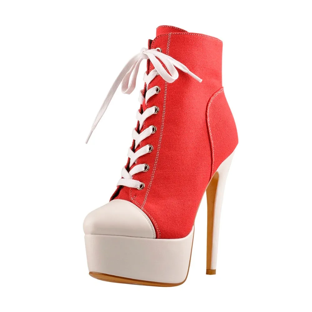 Platform Canvas Ankle Booties 16CM High Heel Lace Up Pump