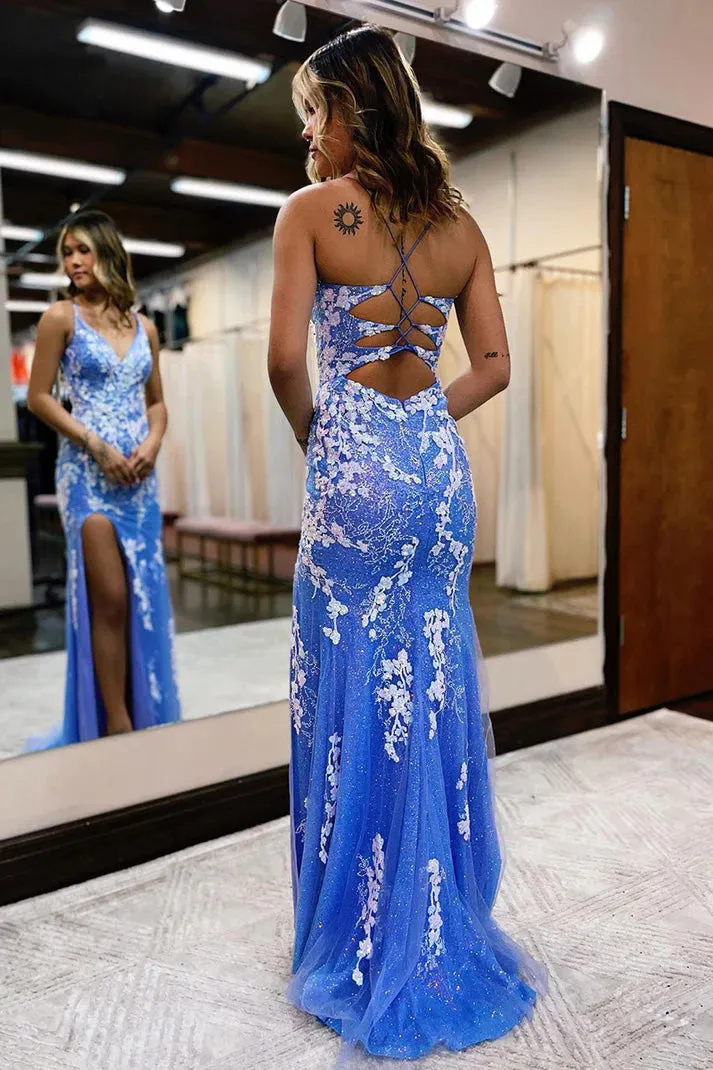 Plunging V-neck Lace Appliques Mermaid Prom Dress With Slit TP1229