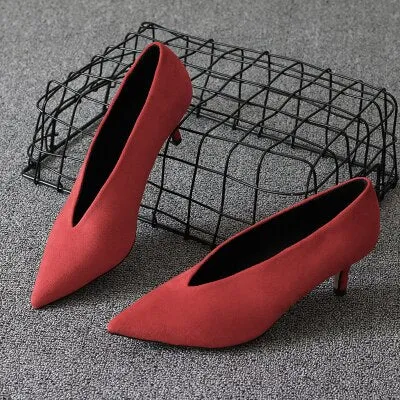 Pointed Thin Heels Deep V Design Lady Single Shoes