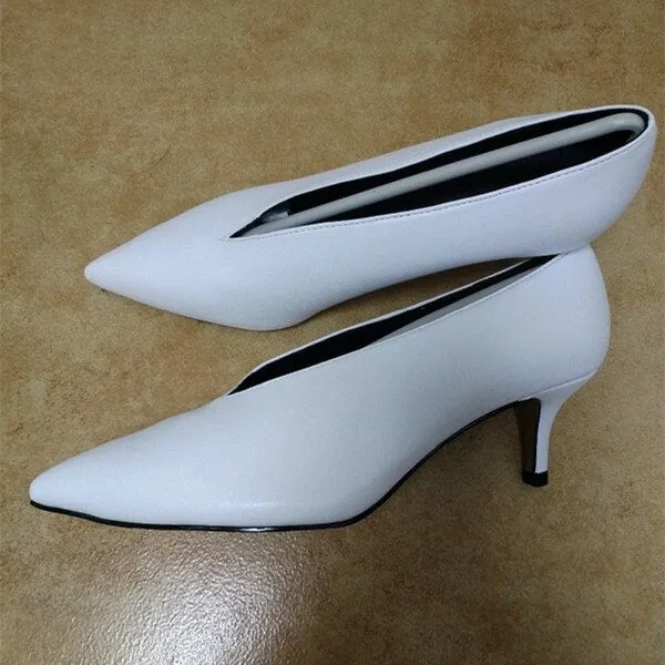 Pointed Thin Heels Deep V Design Lady Single Shoes