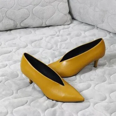 Pointed Thin Heels Deep V Design Lady Single Shoes