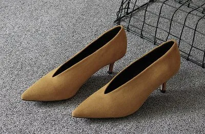 Pointed Thin Heels Deep V Design Lady Single Shoes