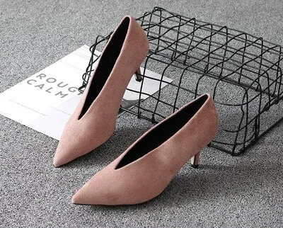 Pointed Thin Heels Deep V Design Lady Single Shoes