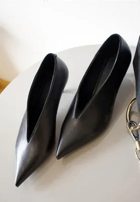 Pointed Thin Heels Deep V Design Lady Single Shoes