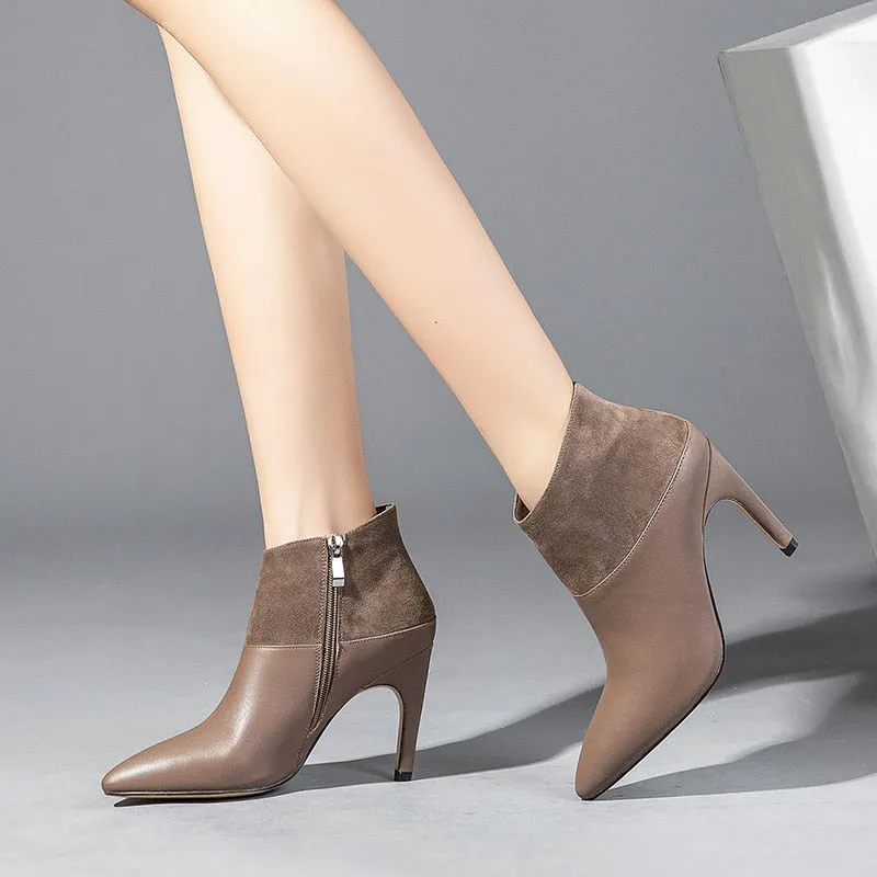 Pointed Toe Zip Footwear High Heels Leather Female Boot Office Shoes