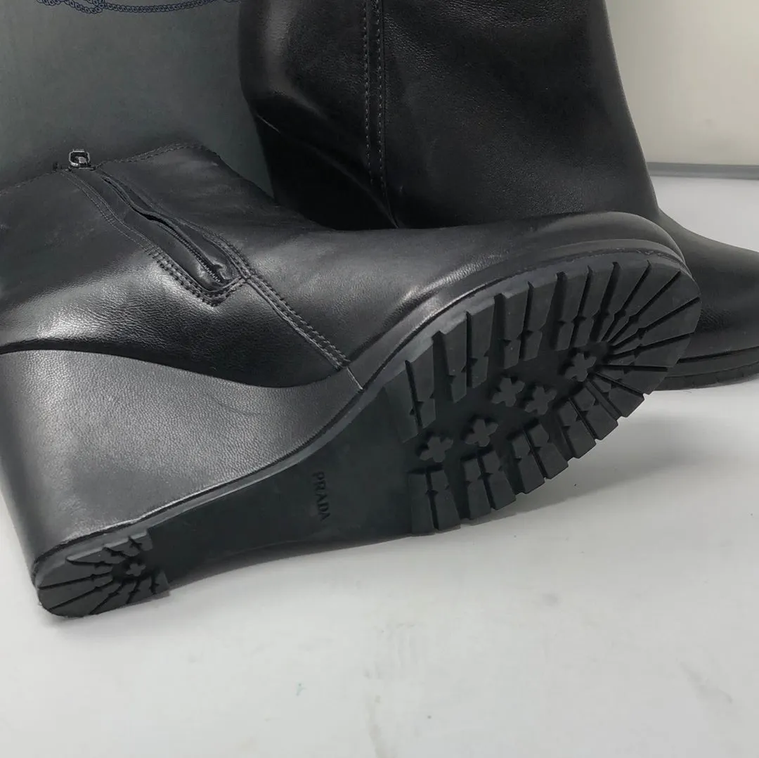 PRADA Black Leather Side Zip Wedges