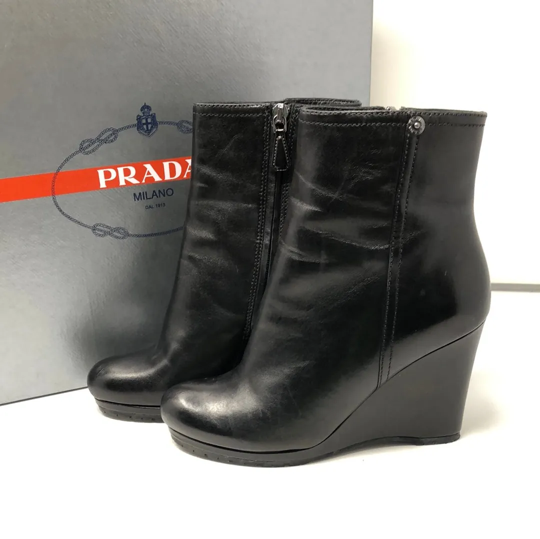 PRADA Black Leather Side Zip Wedges