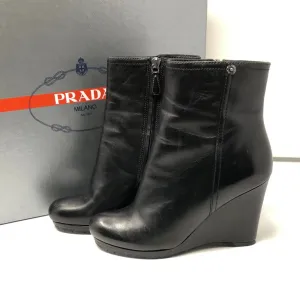 PRADA Black Leather Side Zip Wedges