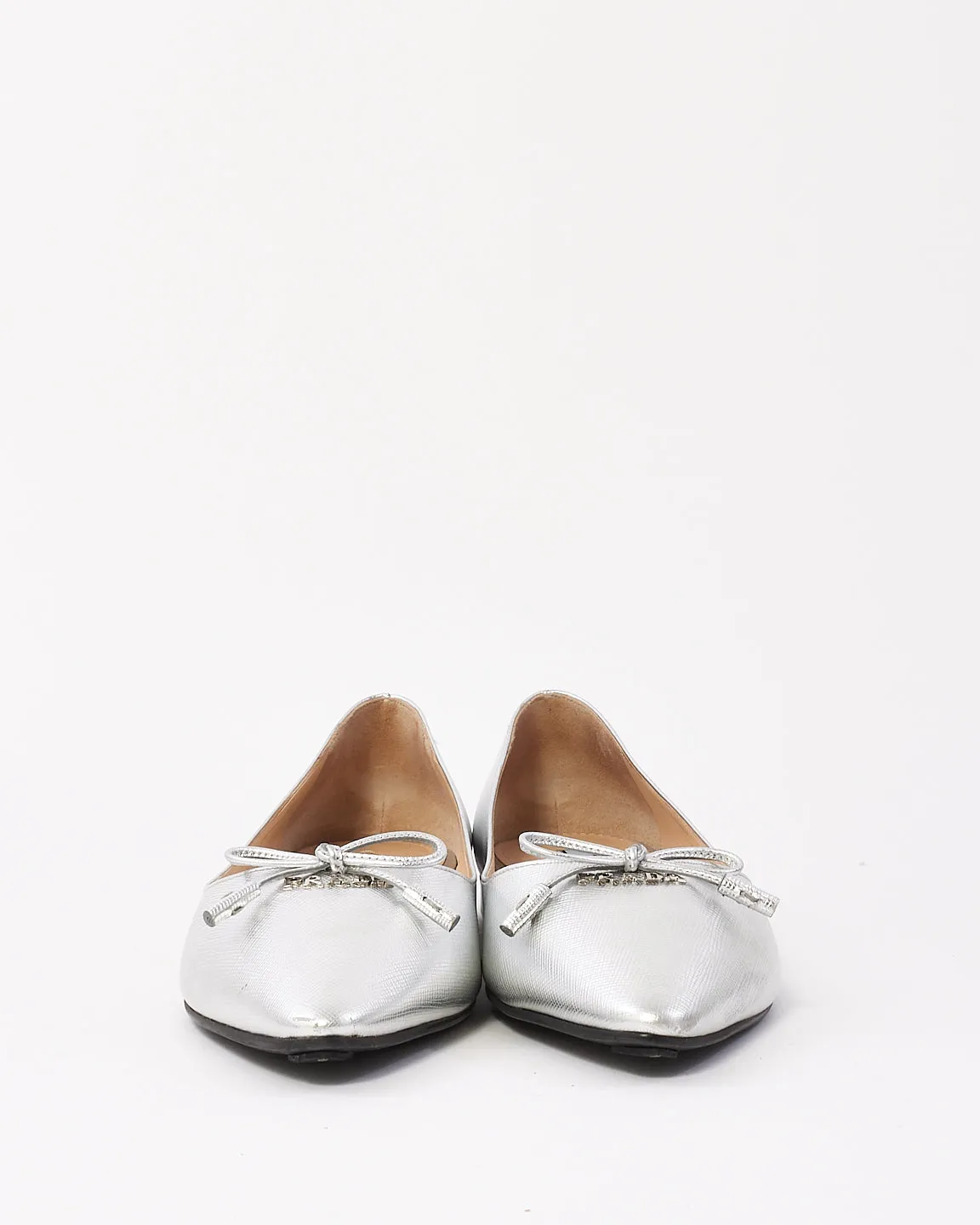 Prada Silver Leather Point Toe Flats - 39