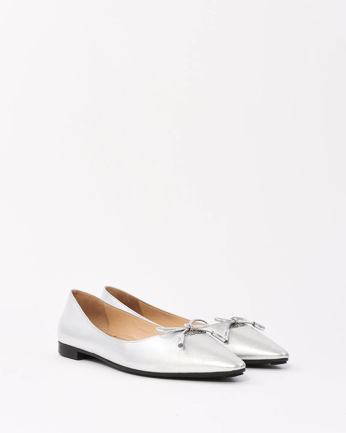 Prada Silver Leather Point Toe Flats - 39
