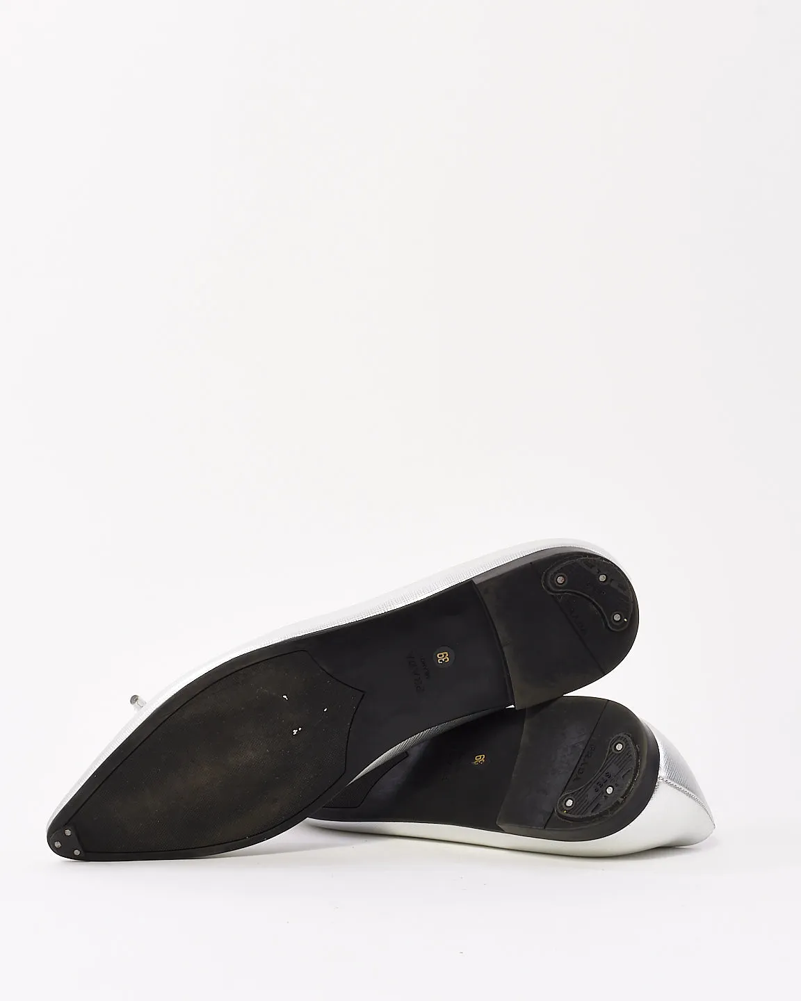 Prada Silver Leather Point Toe Flats - 39