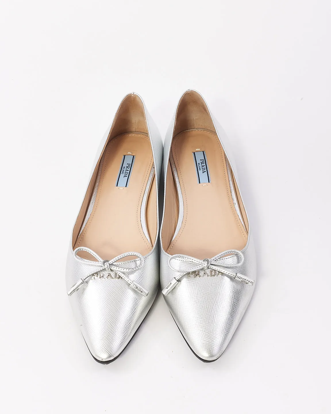 Prada Silver Leather Point Toe Flats - 39