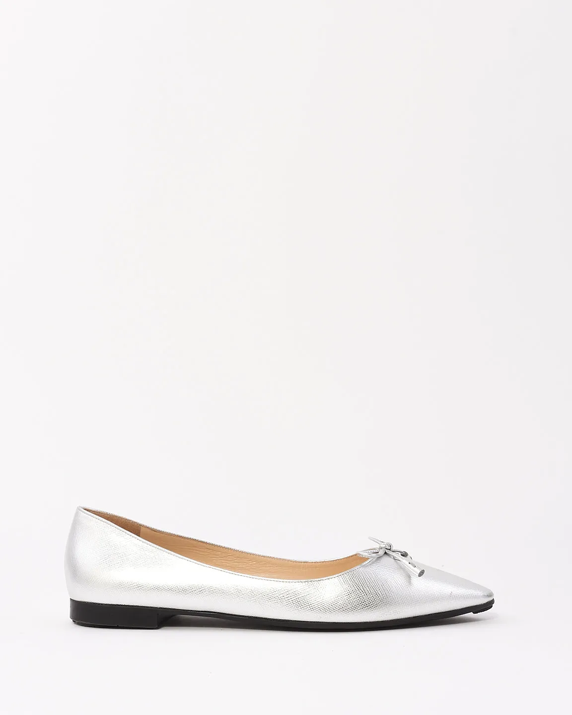 Prada Silver Leather Point Toe Flats - 39