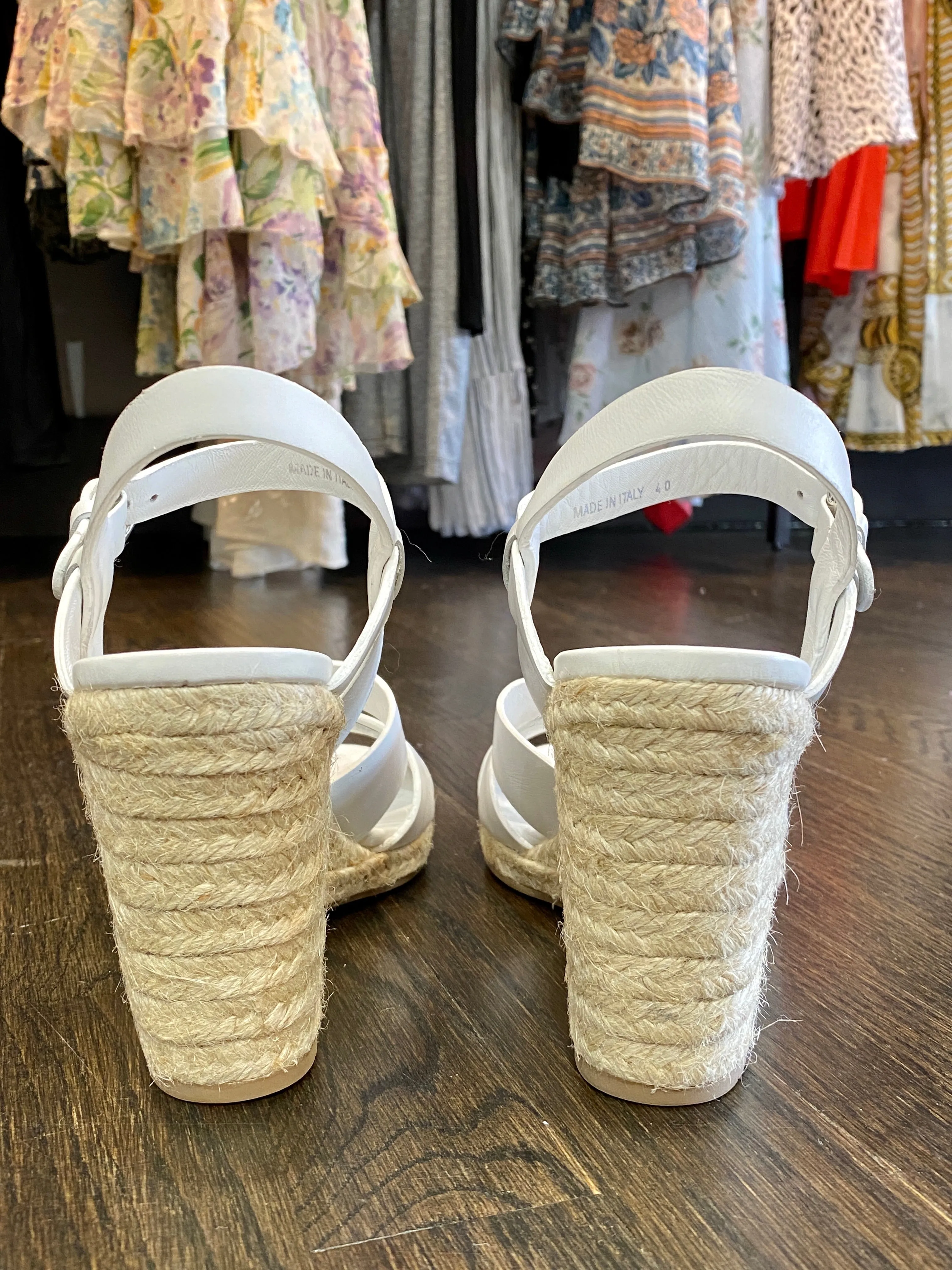 Prada White Leather Woven Wedge Sandal