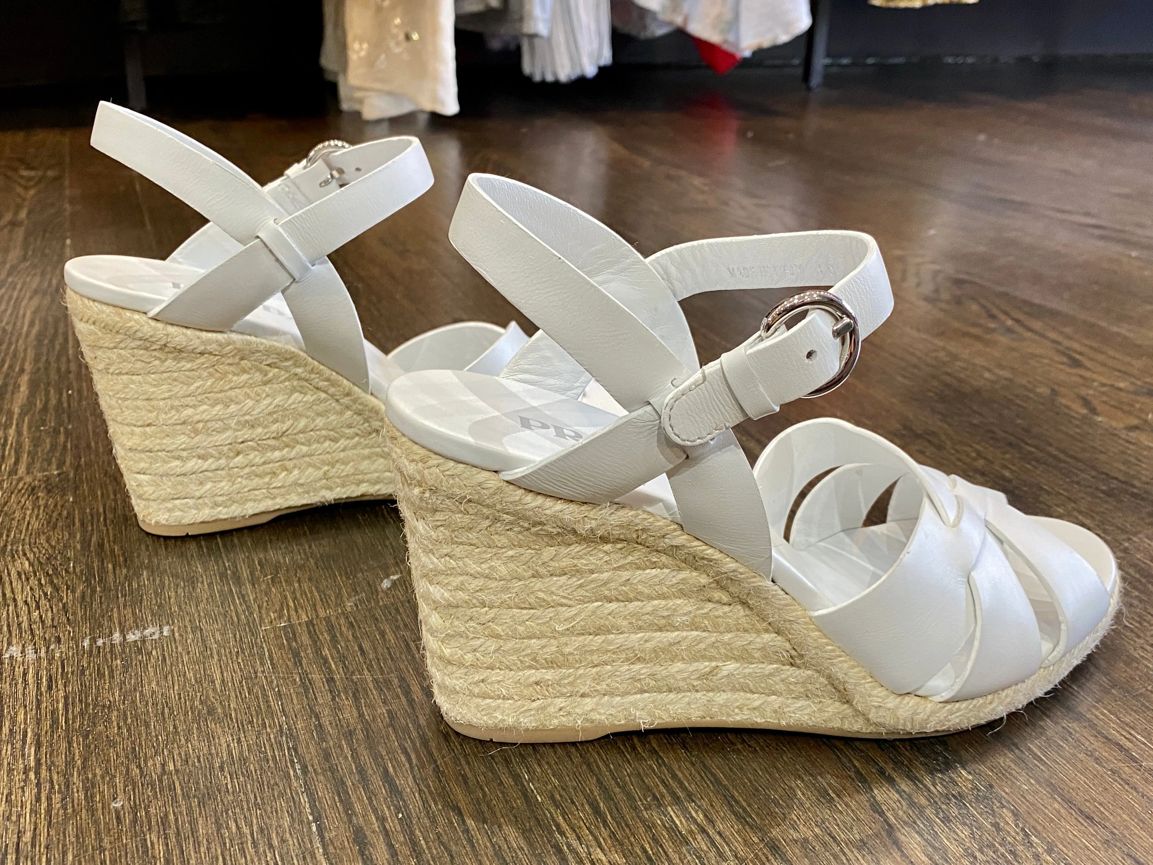 Prada White Leather Woven Wedge Sandal