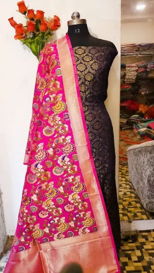 Purple and Pink Banarasi Silk Katan Dyeable Suit