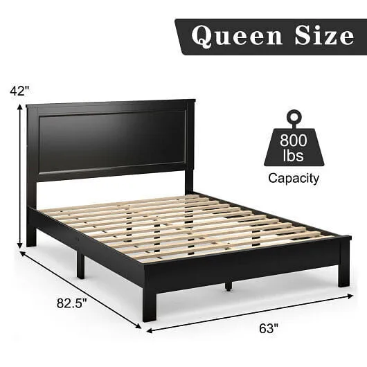 Queen Size Bed Frame Platform Slat High Headboard Bedroom with Rubber Wood Leg-B