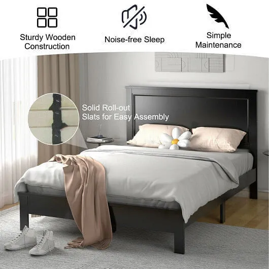 Queen Size Bed Frame Platform Slat High Headboard Bedroom with Rubber Wood Leg-B