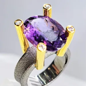 "High & Mighty" Sz 8 Ring - Amethyst, Zircon Stone, Oxidized & 18k Gold Sterling
