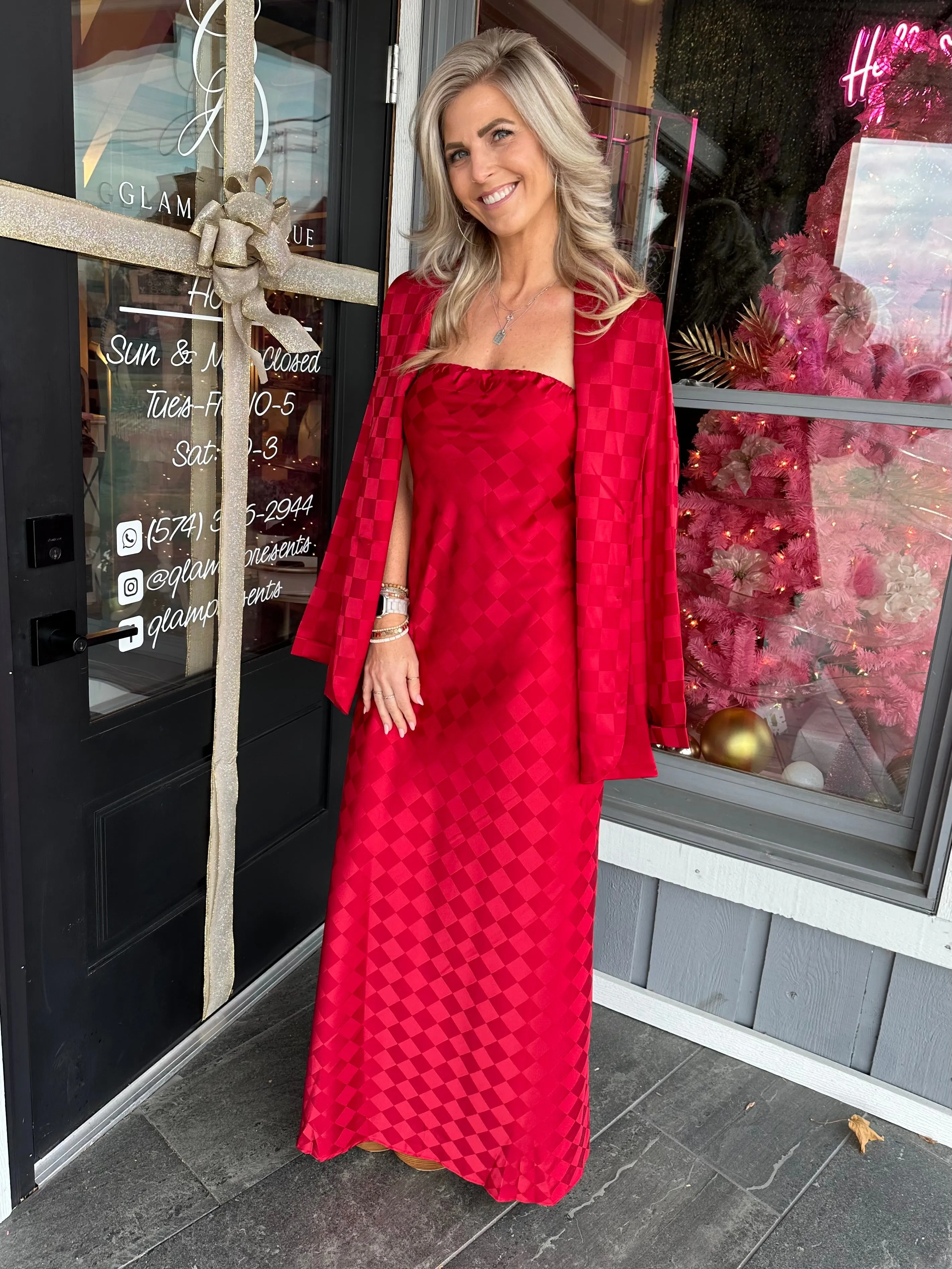 Red Checkerboard Satin Tube Dress - Final Sale