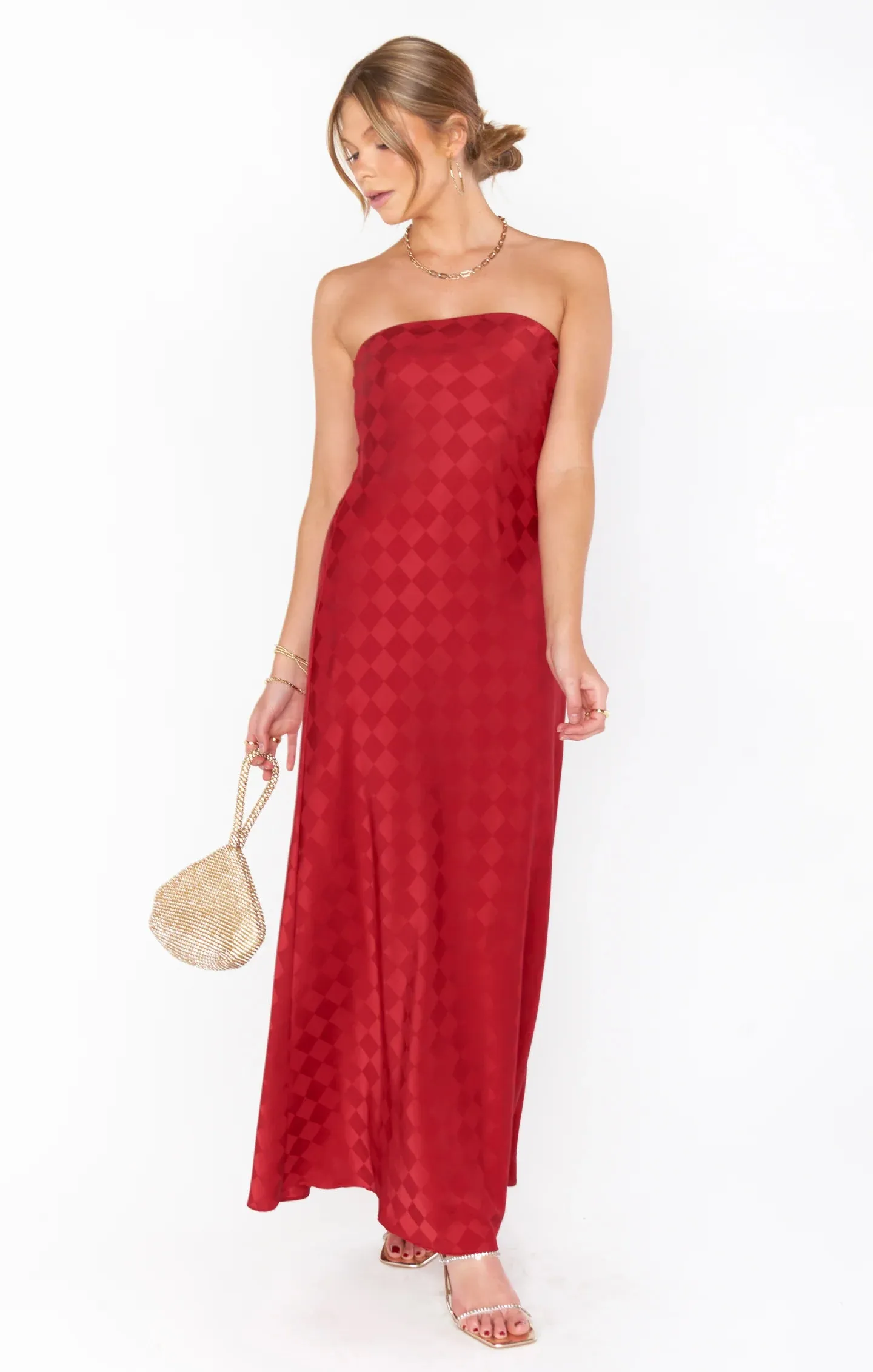 Red Checkerboard Satin Tube Dress - Final Sale