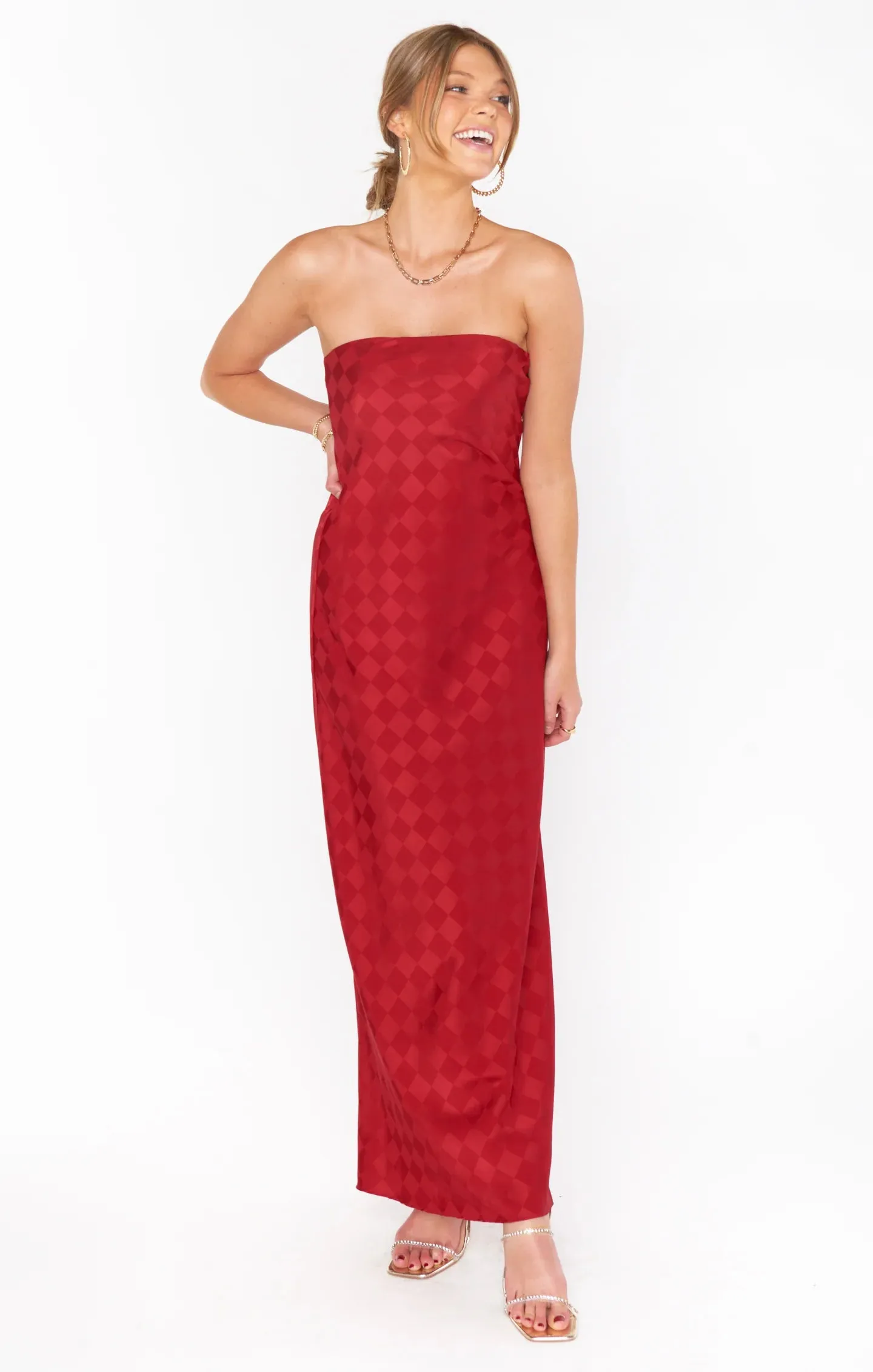 Red Checkerboard Satin Tube Dress - Final Sale