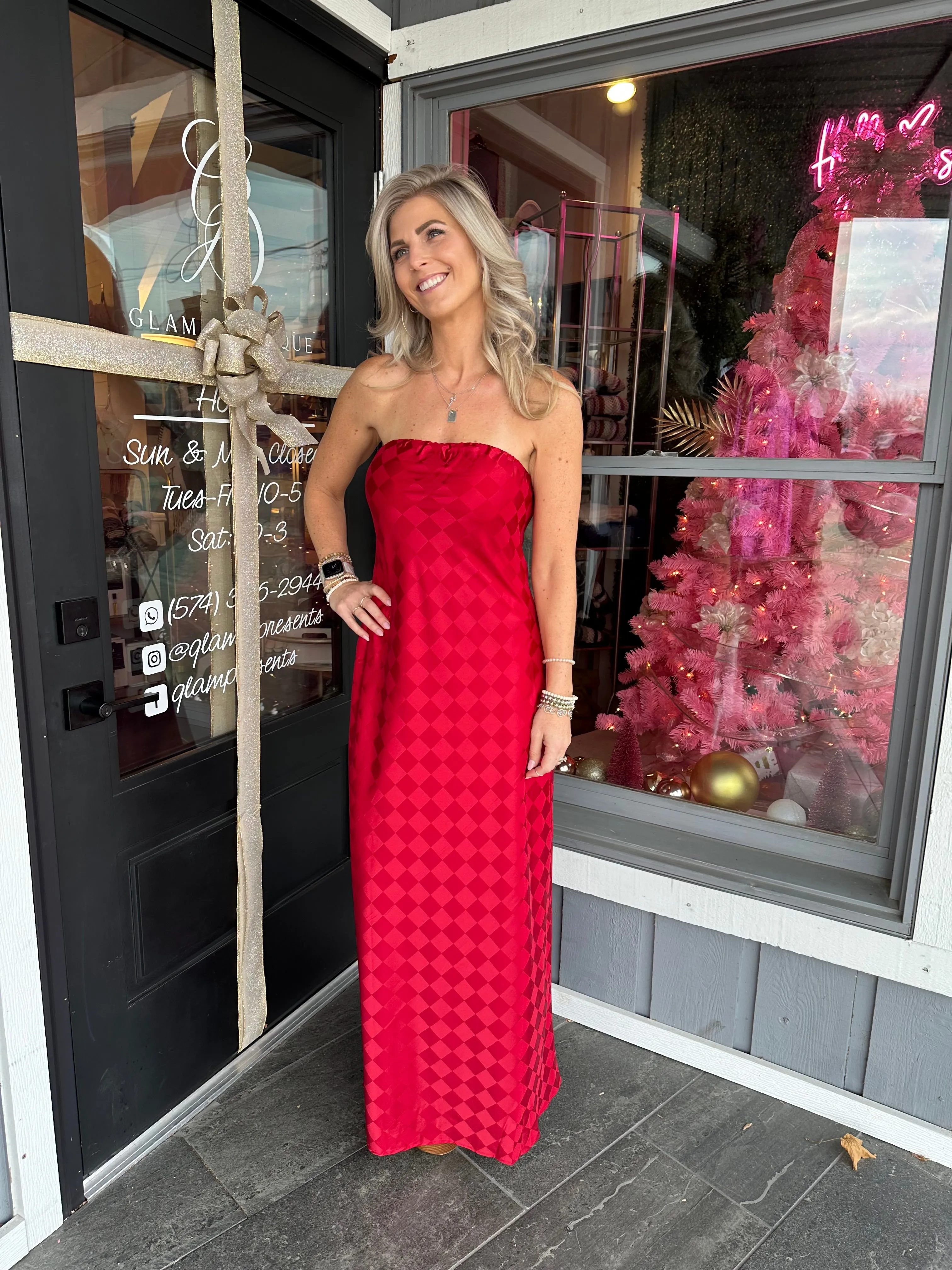 Red Checkerboard Satin Tube Dress - Final Sale