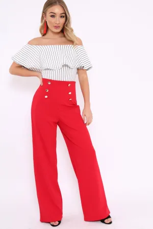 Red High Waist Button Front Wide Leg Trousers - Juna