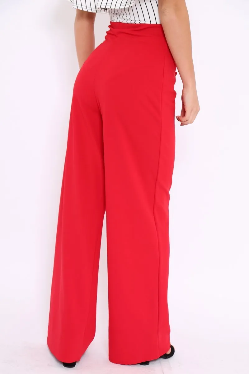 Red High Waist Button Front Wide Leg Trousers - Juna