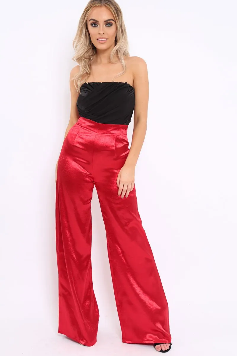 Red Satin High Waist Flare Trousers -Tisha