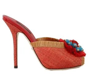 Red Straw Open Toes Crystal Sandals