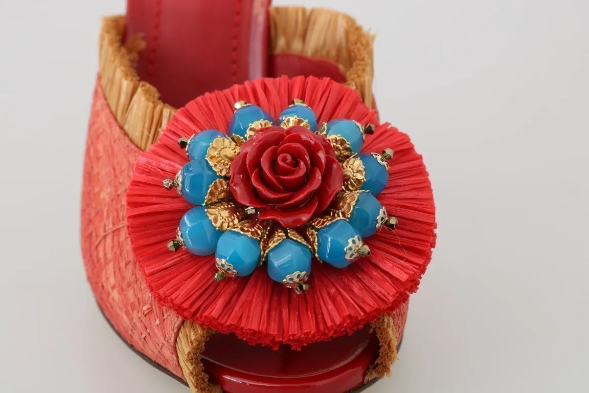 Red Straw Open Toes Crystal Sandals
