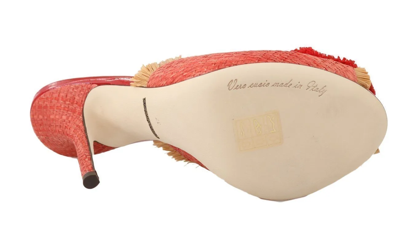 Red Straw Open Toes Crystal Sandals