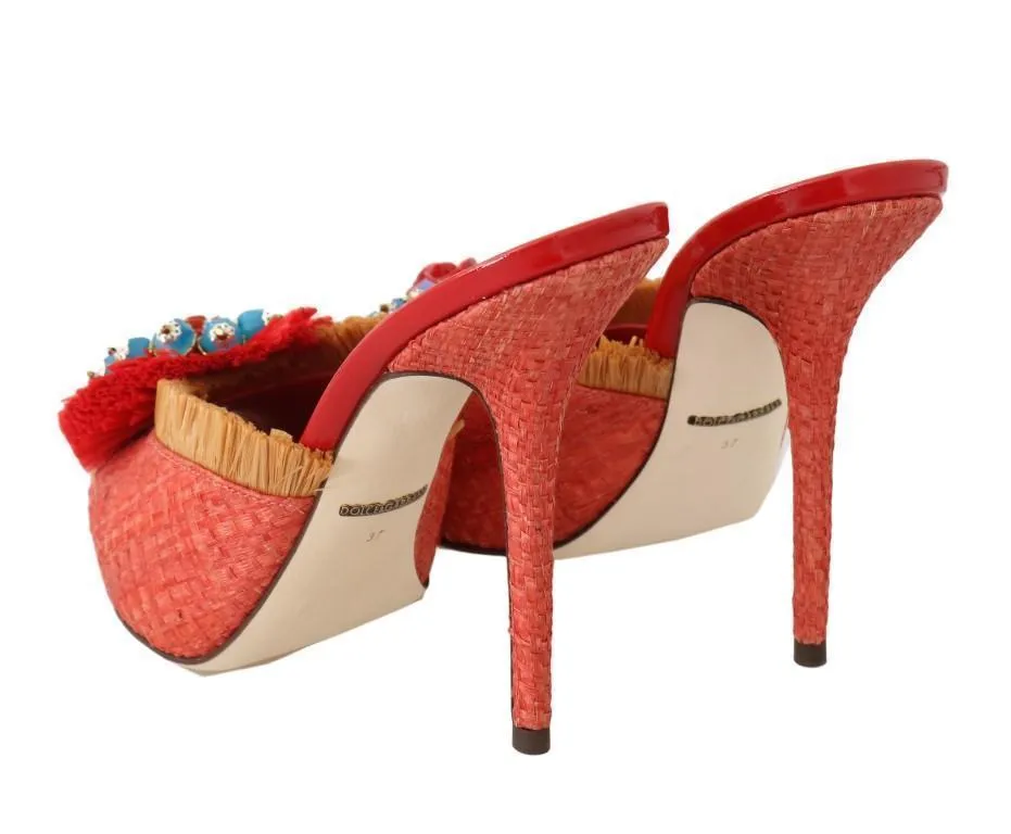 Red Straw Open Toes Crystal Sandals