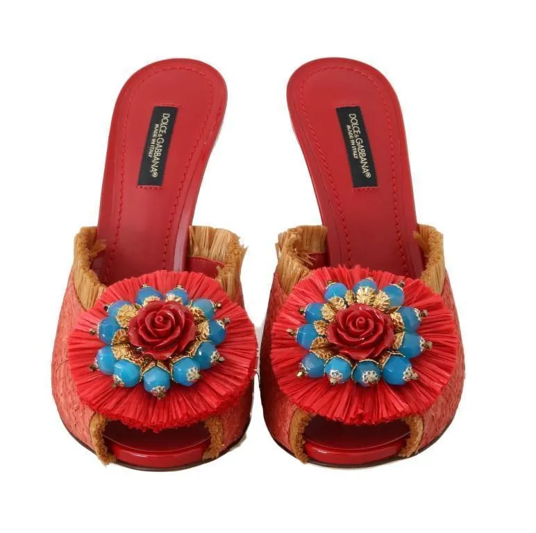 Red Straw Open Toes Crystal Sandals