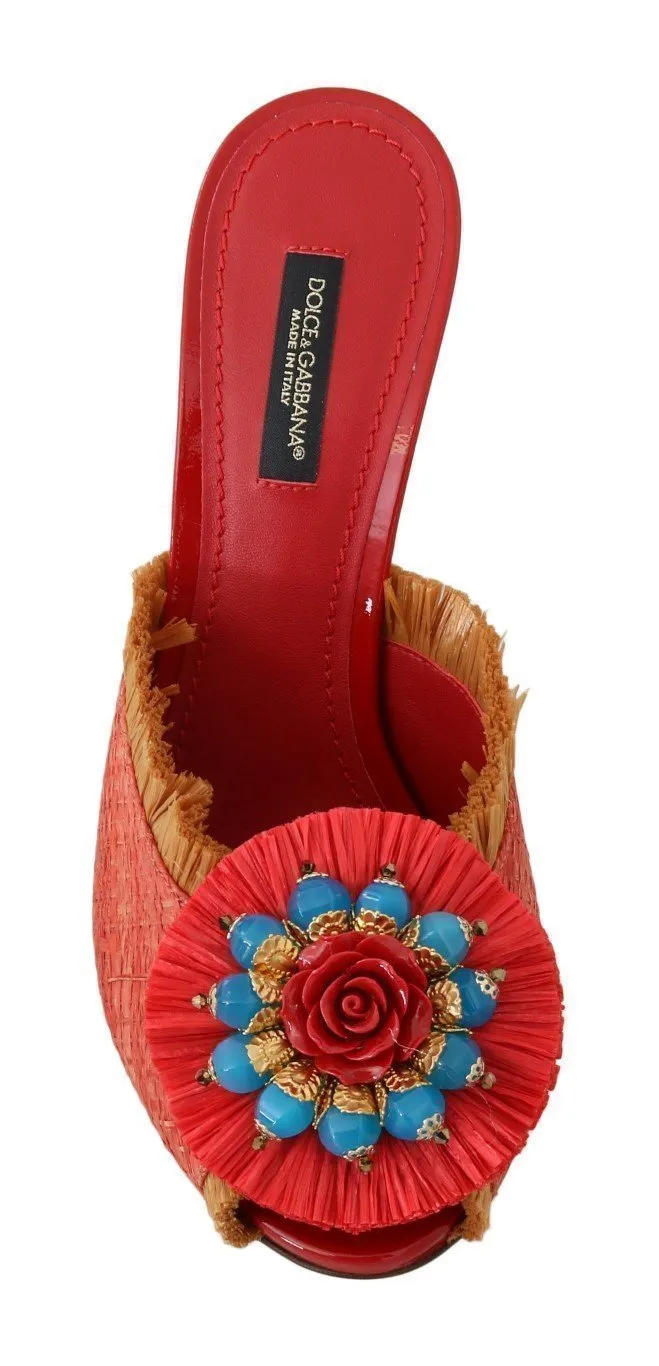 Red Straw Open Toes Crystal Sandals