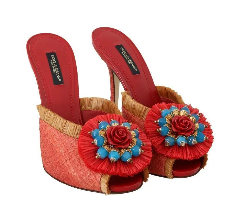 Red Straw Open Toes Crystal Sandals