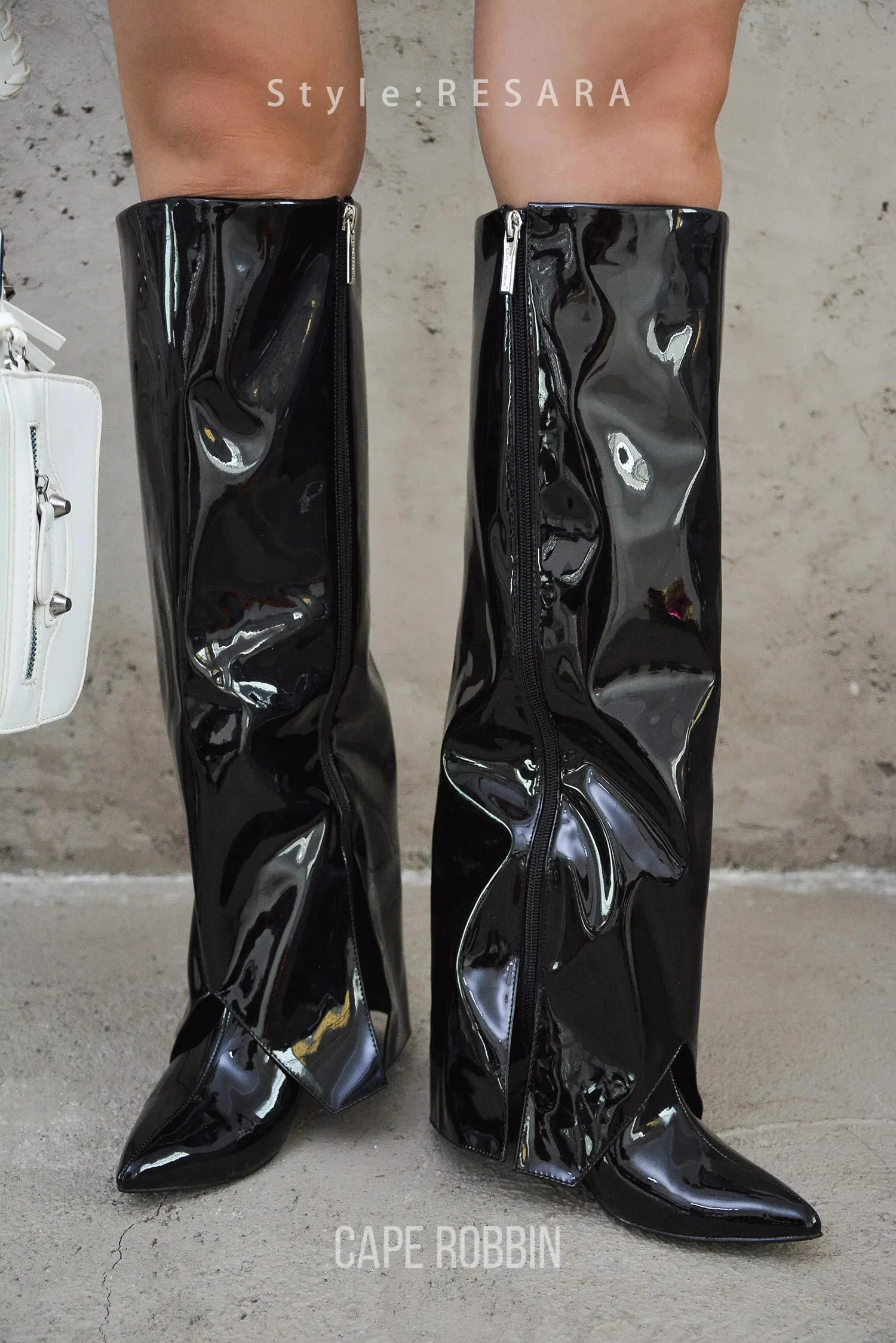 RESARA Black Faux Patent Leather Sleeve Boot - Pointy Toe