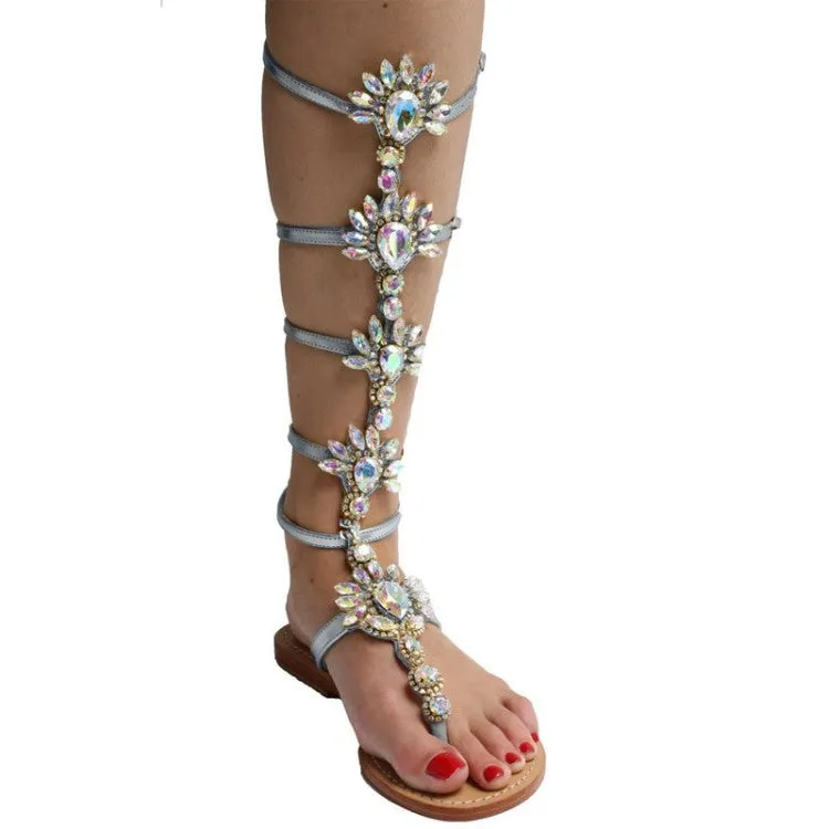 Rhinestone Hollow Roman Sandals Pin Toe Flat Shoes Large Size Women's Shoes