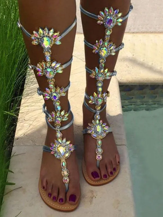 Rhinestone Hollow Roman Sandals Pin Toe Flat Shoes Large Size Women's Shoes