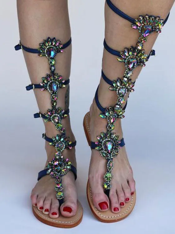 Rhinestone Hollow Roman Sandals Pin Toe Flat Shoes Large Size Women's Shoes
