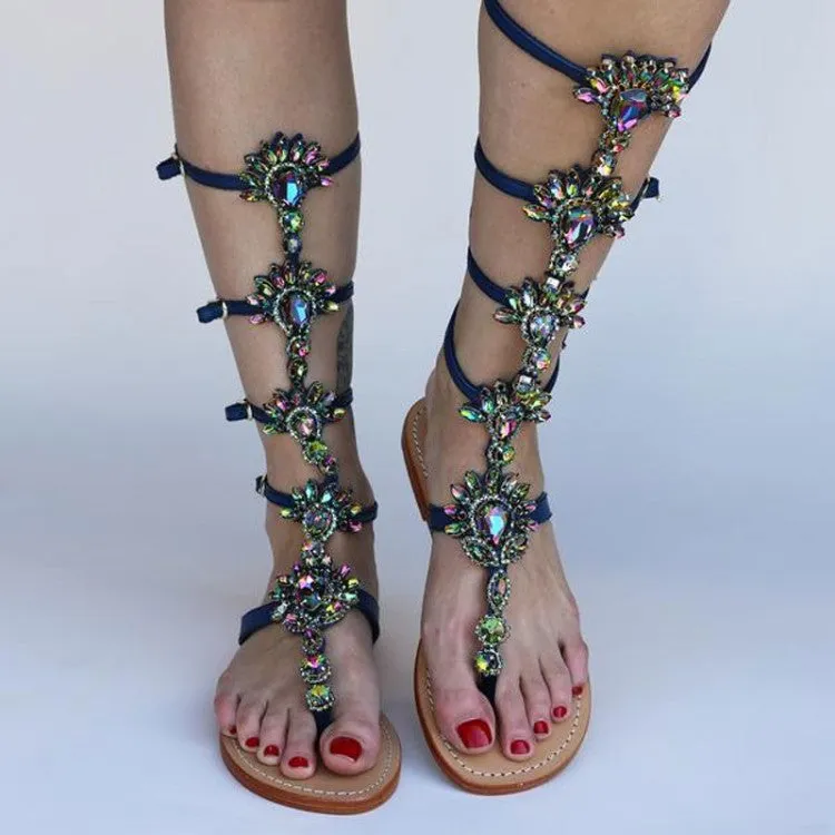 Rhinestone Hollow Roman Sandals Pin Toe Flat Shoes Large Size Women's Shoes