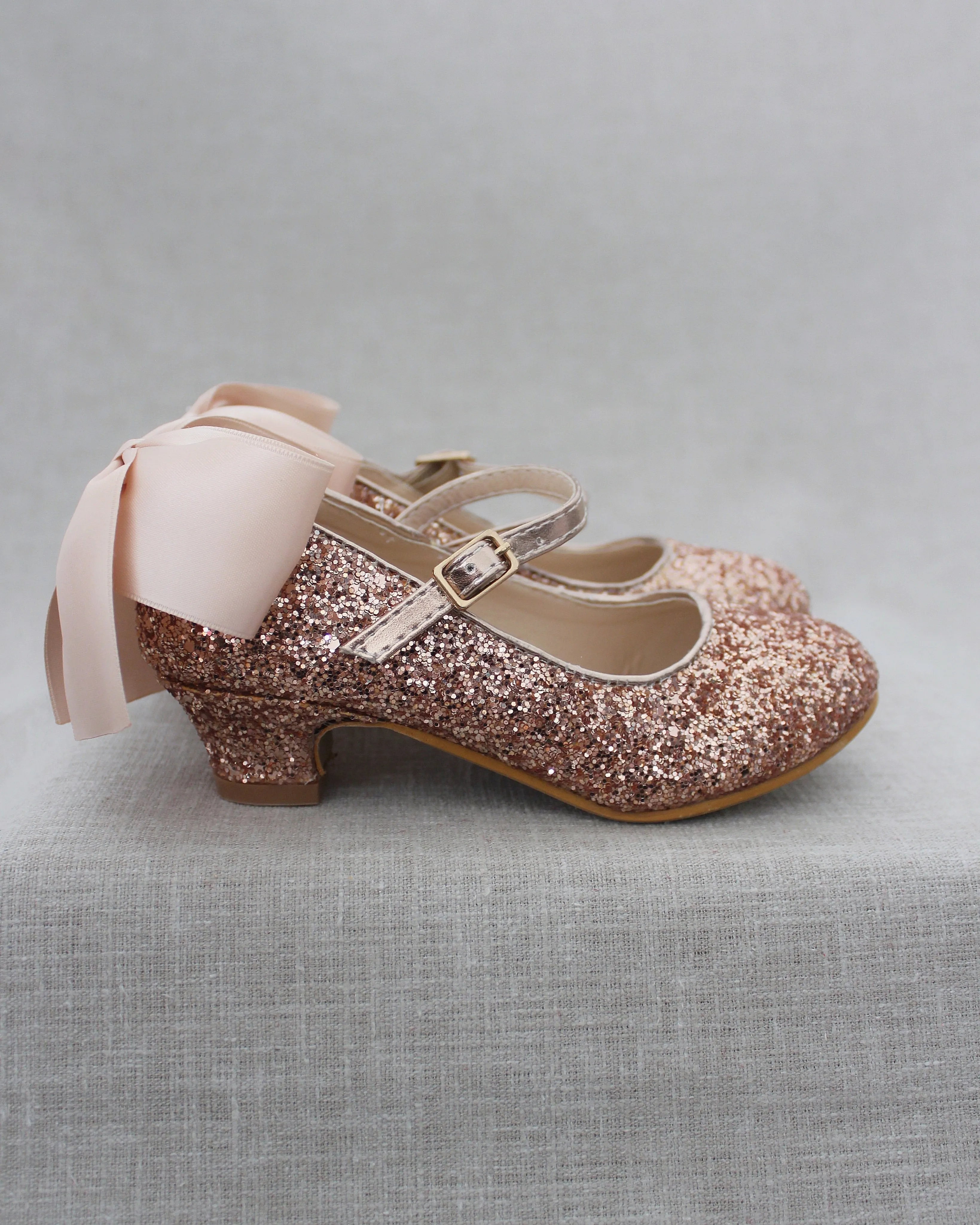 Rock Glitter Mary Jane Heels with Satin Bow for Girls