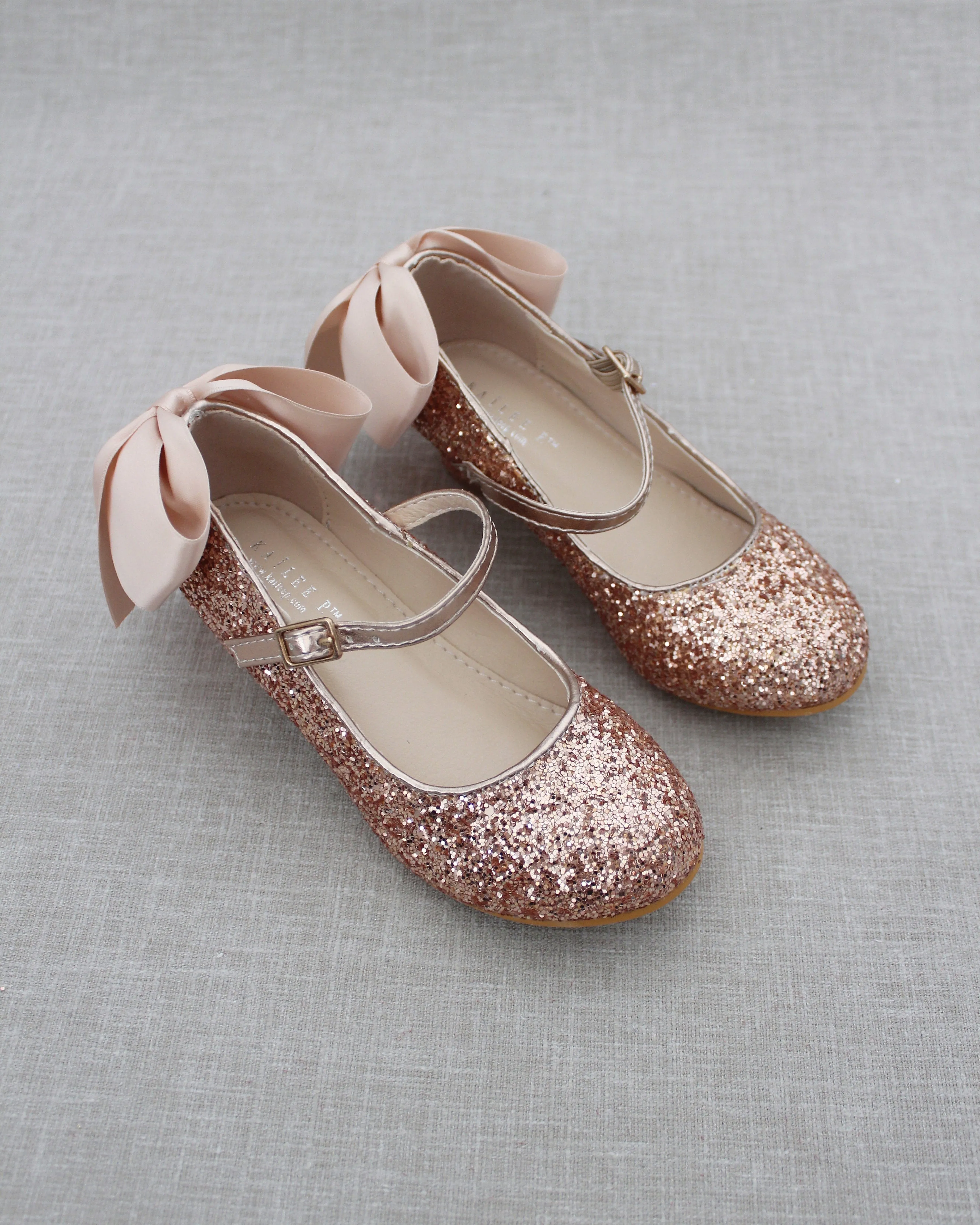 Rock Glitter Mary Jane Heels with Satin Bow for Girls