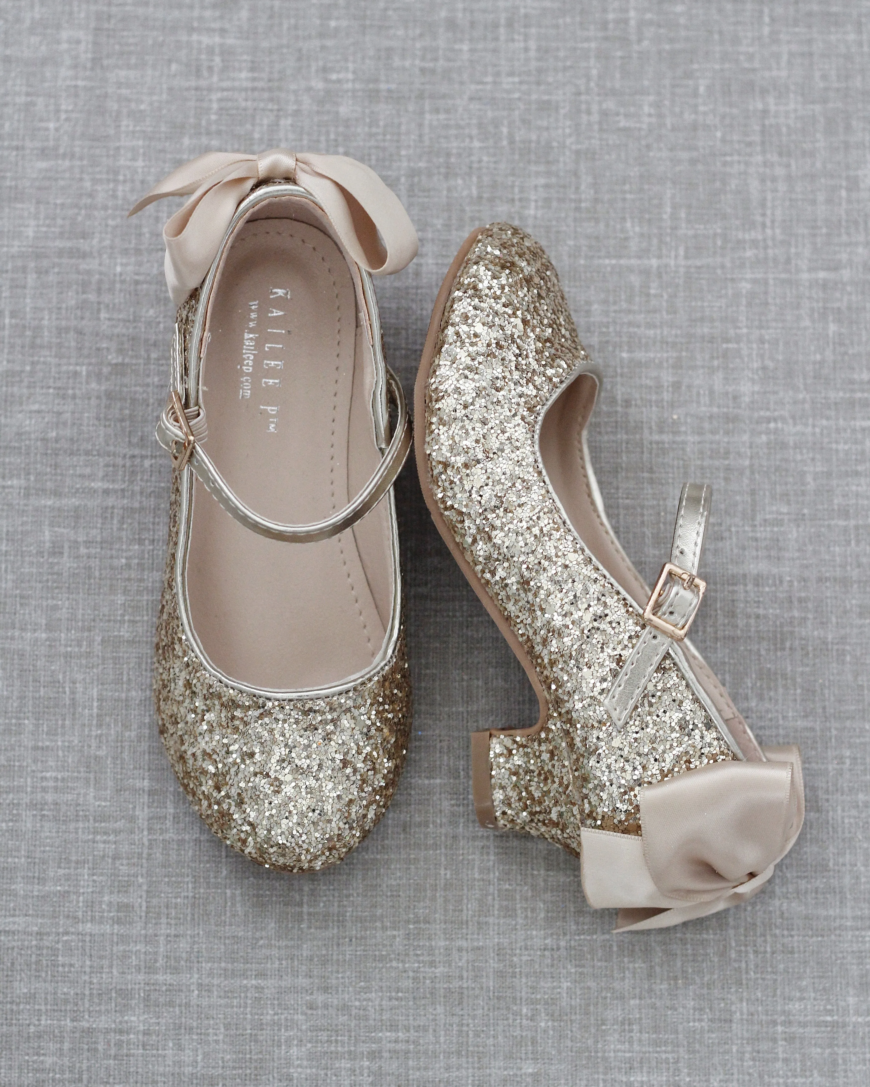 Rock Glitter Mary Jane Heels with Satin Bow for Girls