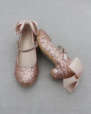 Rock Glitter Mary Jane Heels with Satin Bow for Girls
