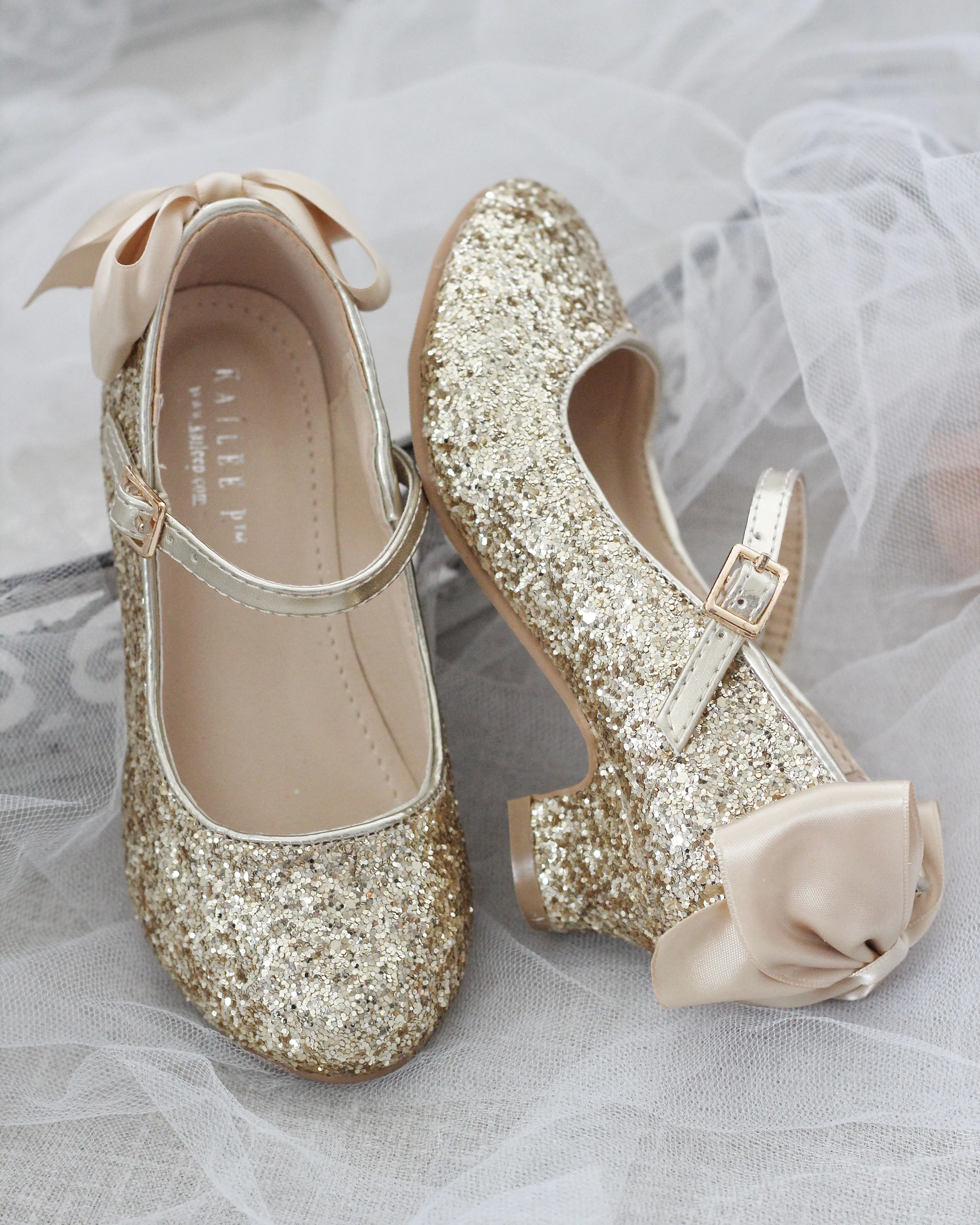 Rock Glitter Mary Jane Heels with Satin Bow for Girls
