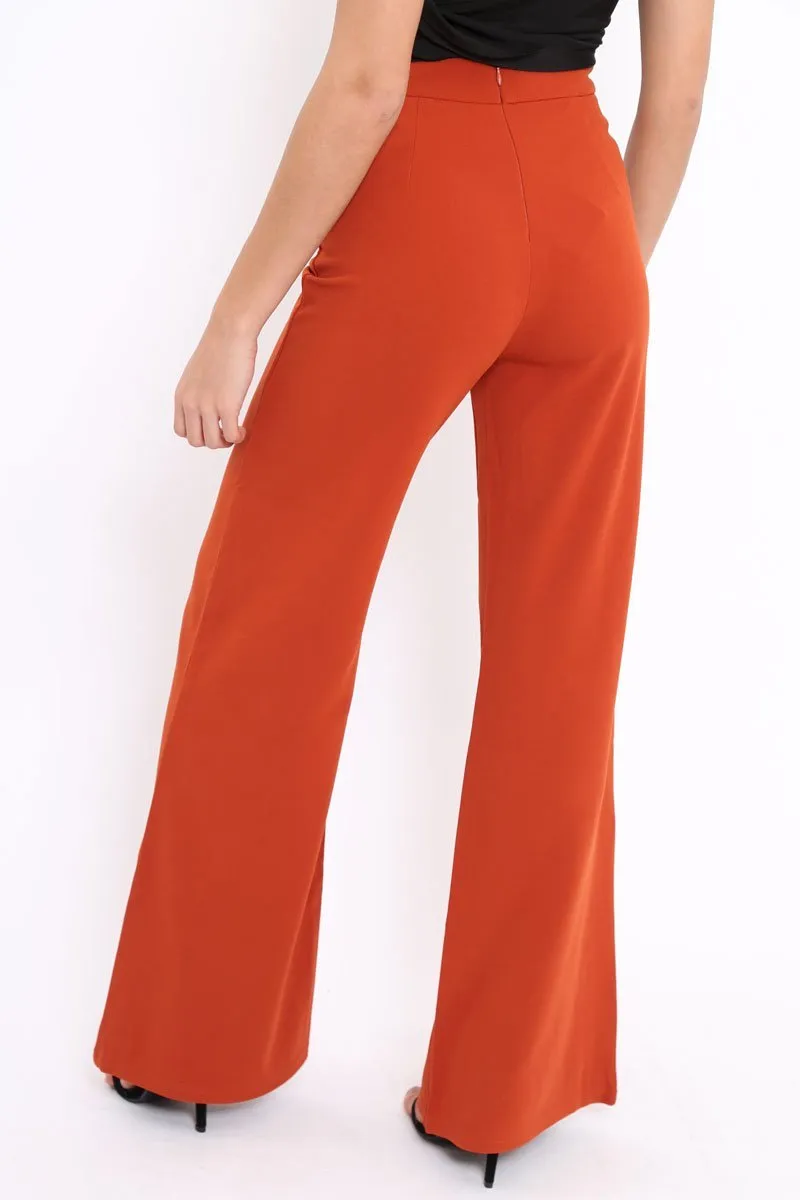 Rust Orange High Waist Flare Trousers -Tisha