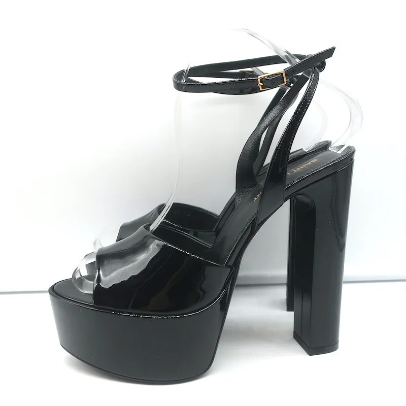 Saint Laurent Jodie Platform Ankle Strap Sandals Black Patent Leather Size 39